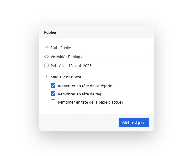 Les trois cases à cocher Smart Post Boost dans le bloc Publier